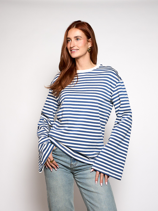 Nine Tee | Flared Sleeve | Striped White Blue | Tall