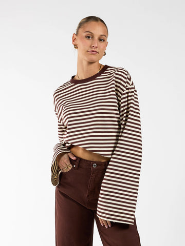 Nine Tee | Wide-sleeved | Striped cream brown | Tall