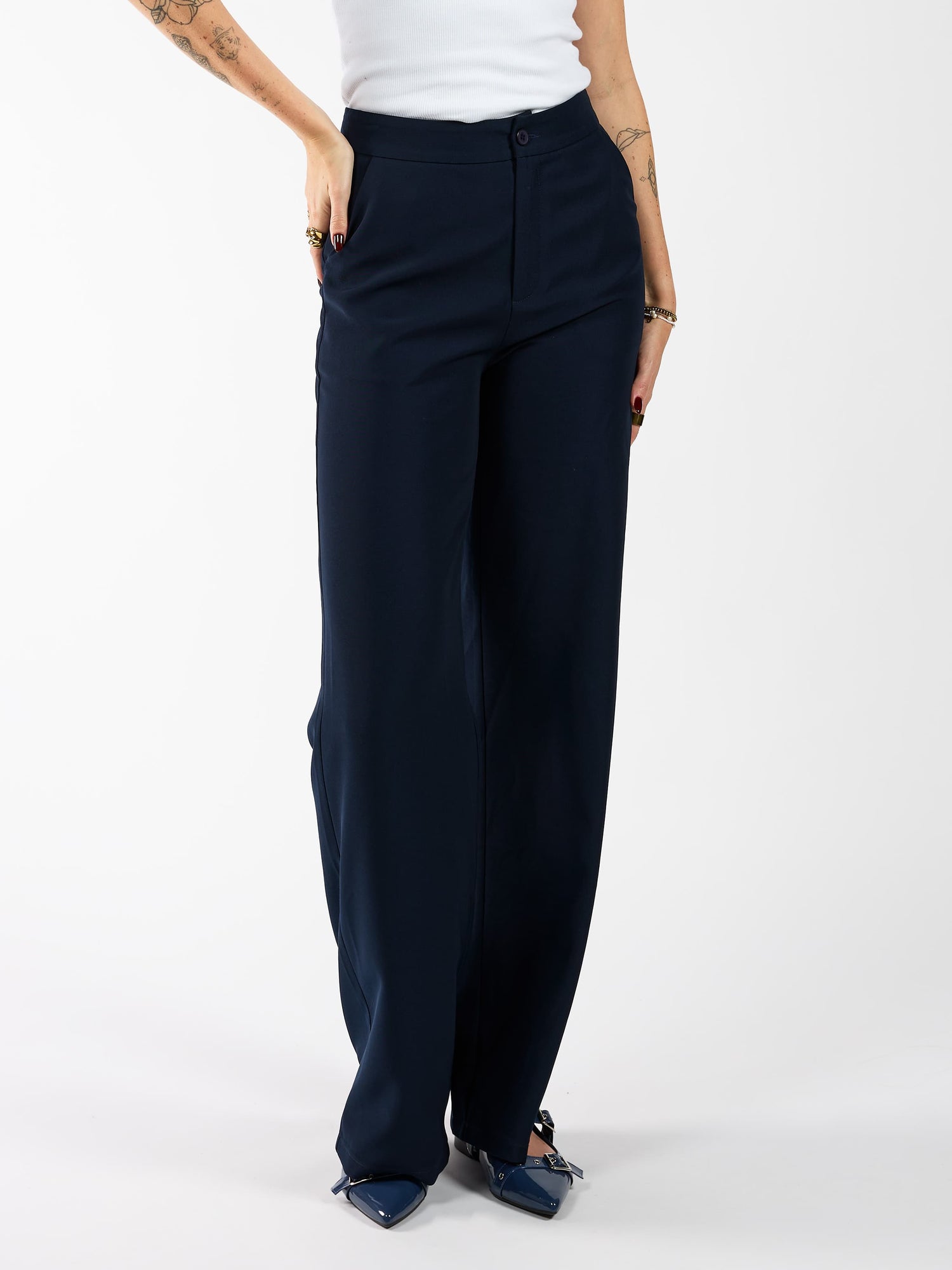 Nova | Wide leg trousers with button | Navy | Tall