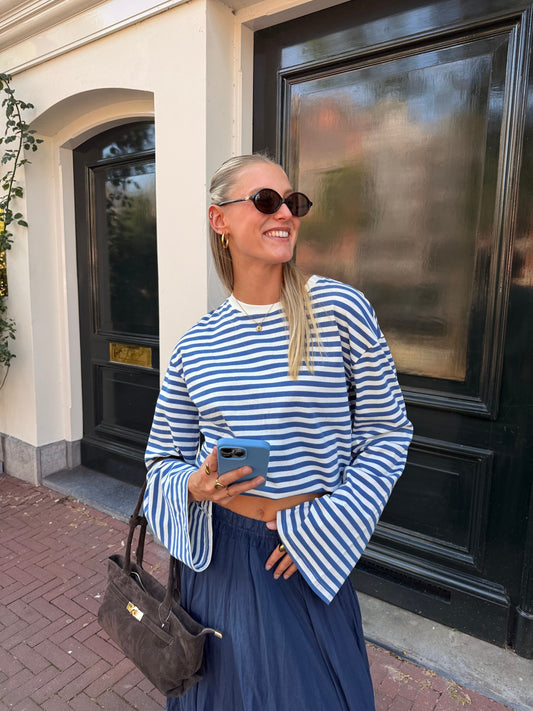 Nine Tee | Flared Sleeve | Striped White Blue | Tall