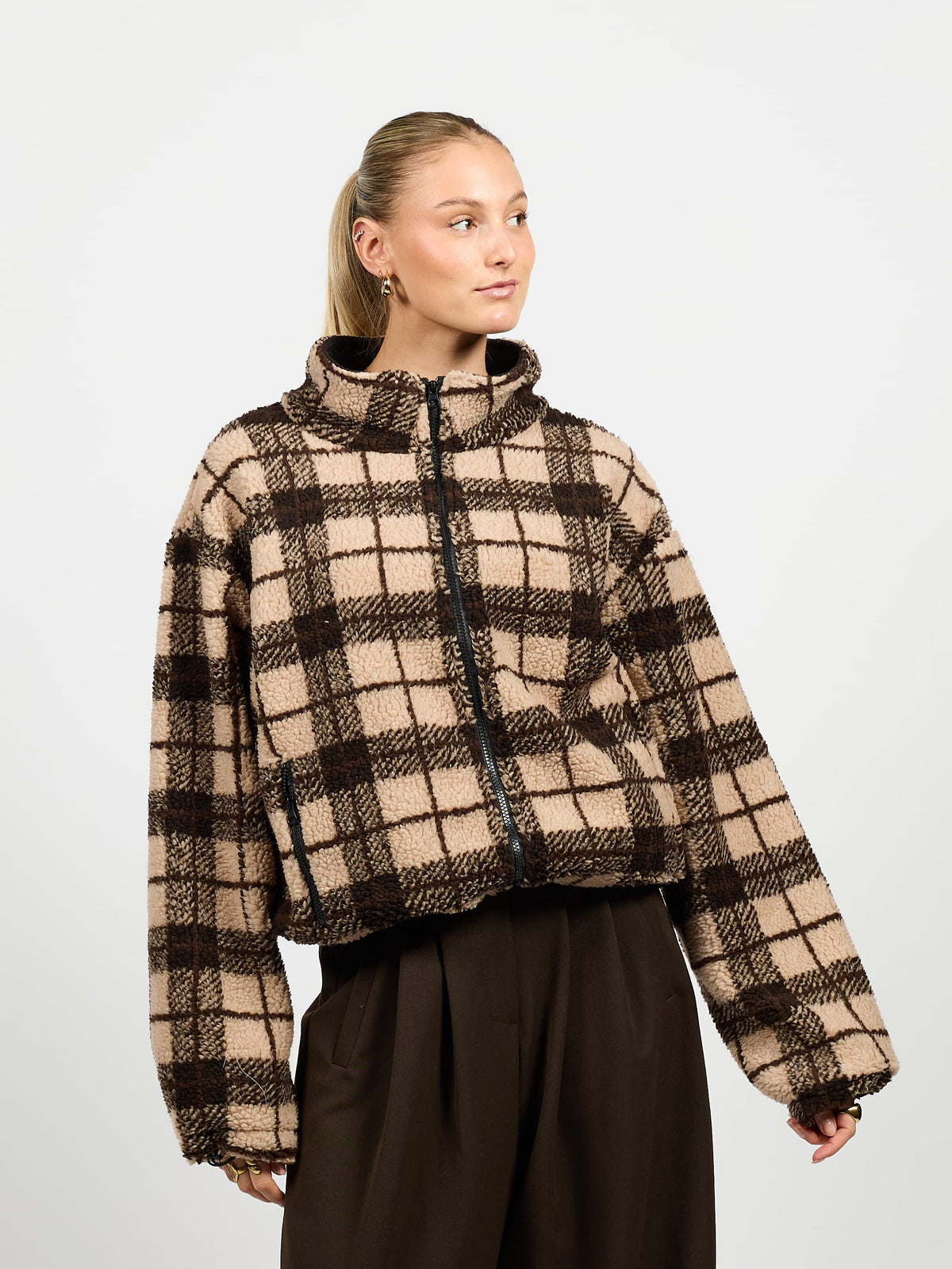 Teddy Checked Jacket | Brown | Tall