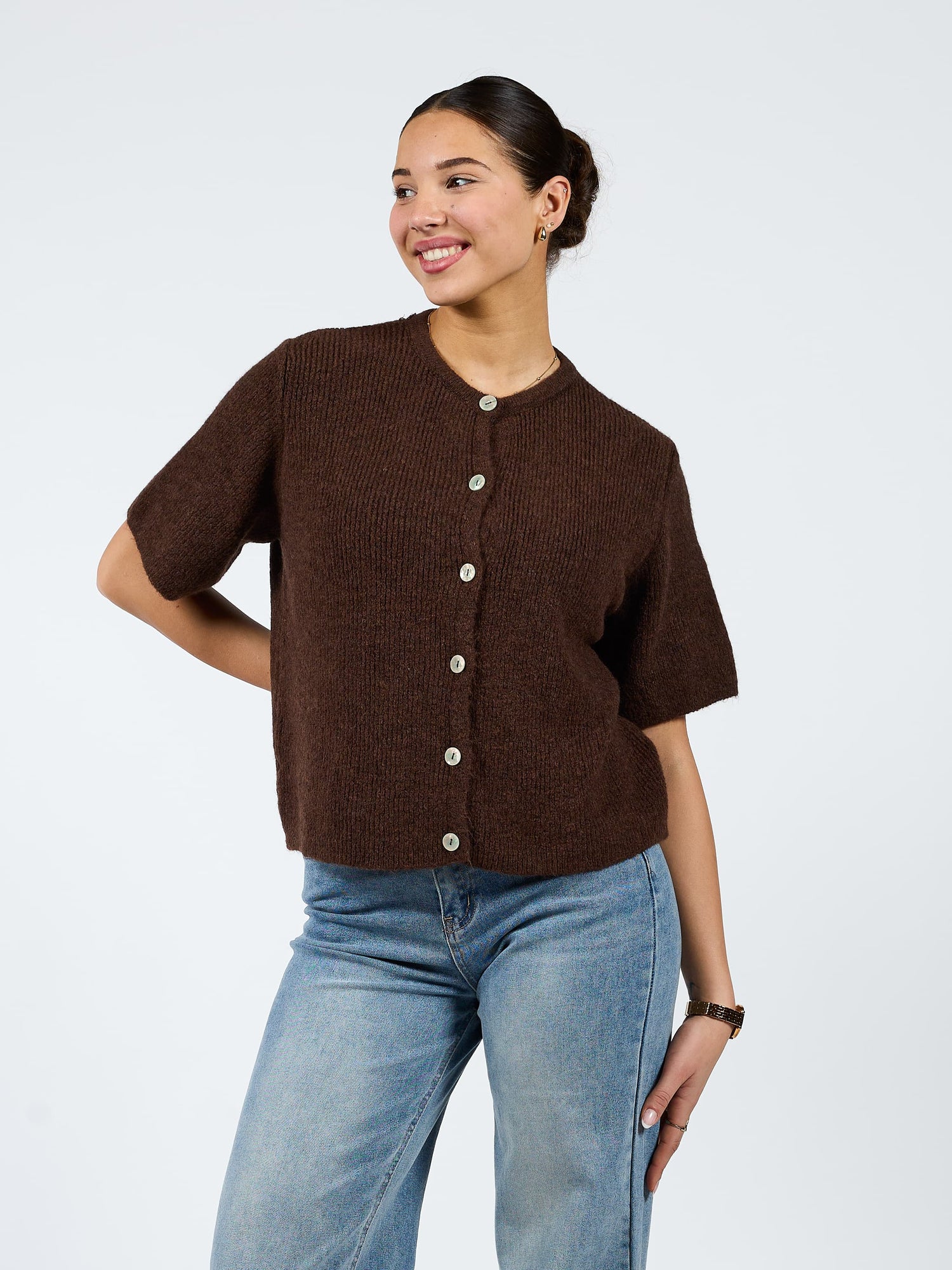 Lena Knitted Cardigan with Buttons | Brown | Tall