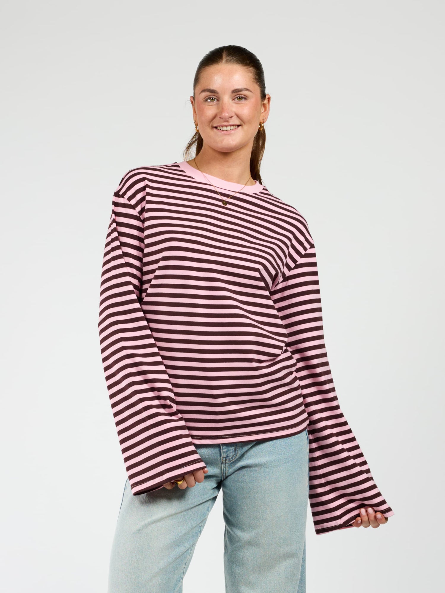 Nine Tee | Flared sleeve | Striped pink brown | Tall