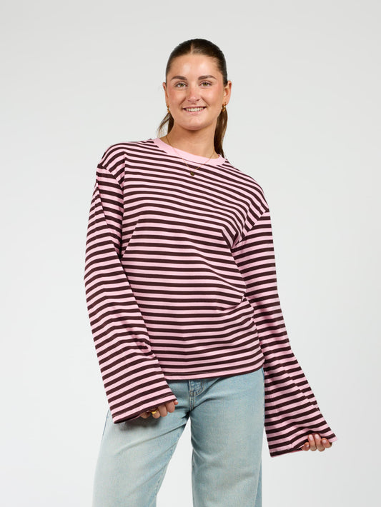 Nine Tee | Flared sleeve | Striped pink brown | Tall