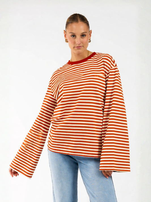 Nine Tee | Flared sleeve | Striped white orange | Tall