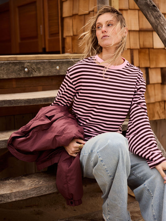 Nine Tee | Flared sleeve | Striped pink brown | Tall
